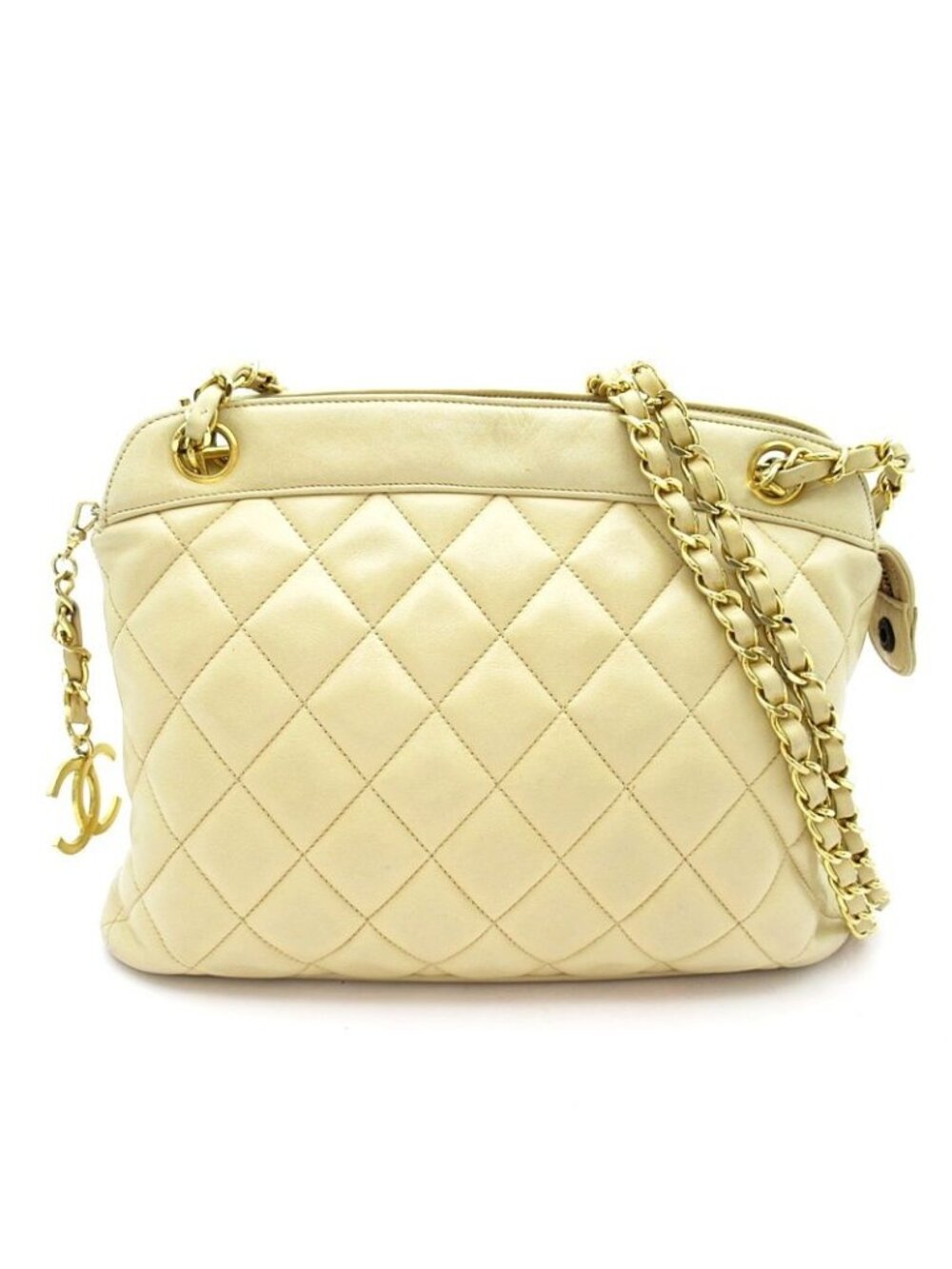 Chanel Quilted Chain Shoulder Bag Lambskin Yellow Beige